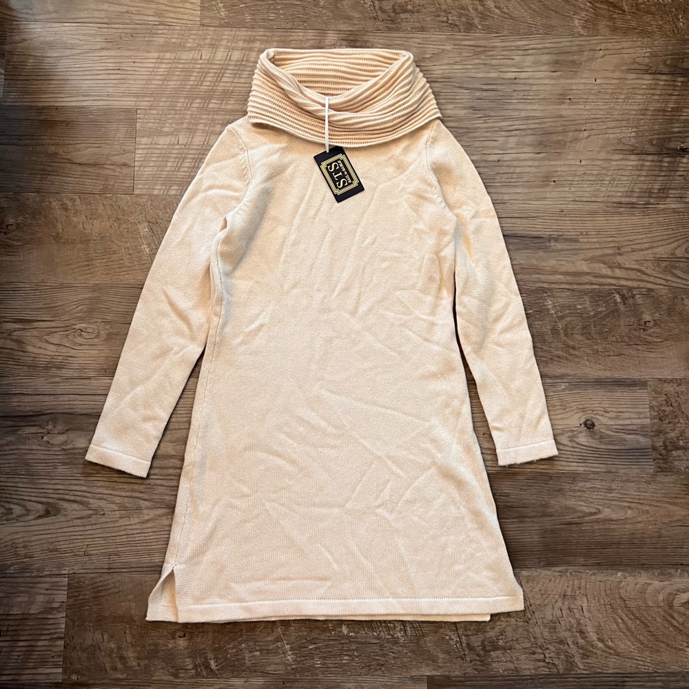 $388 Sail to Sable Cream Cowl Neck Classic Wool Cashmere Tunic Sweater Dress - Picture 5 of 9